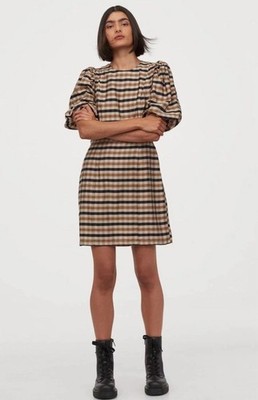 H&M Women s Fall Ballon Sleeve Mini Check Brown Black Dress-L