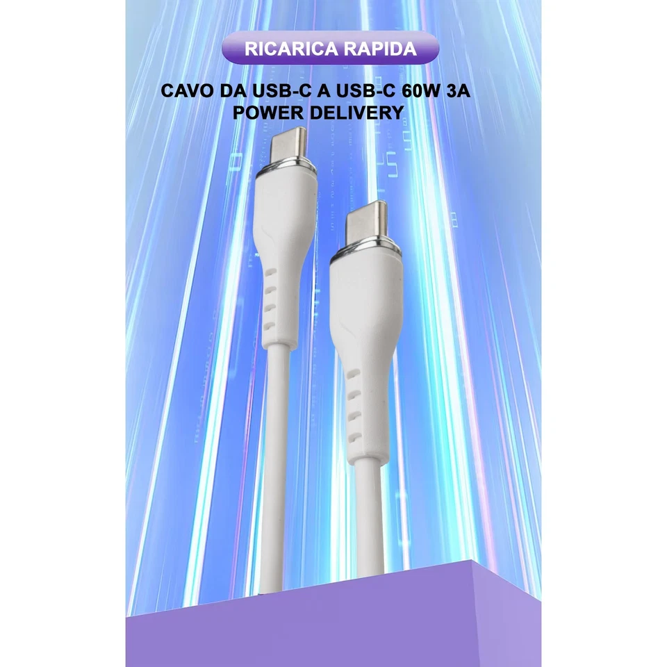 Cavo USB C USB C 60W 3A Cavo Type-C to Type-C Power Delivery  Ricarica Rapida - Immagine 2 di 4