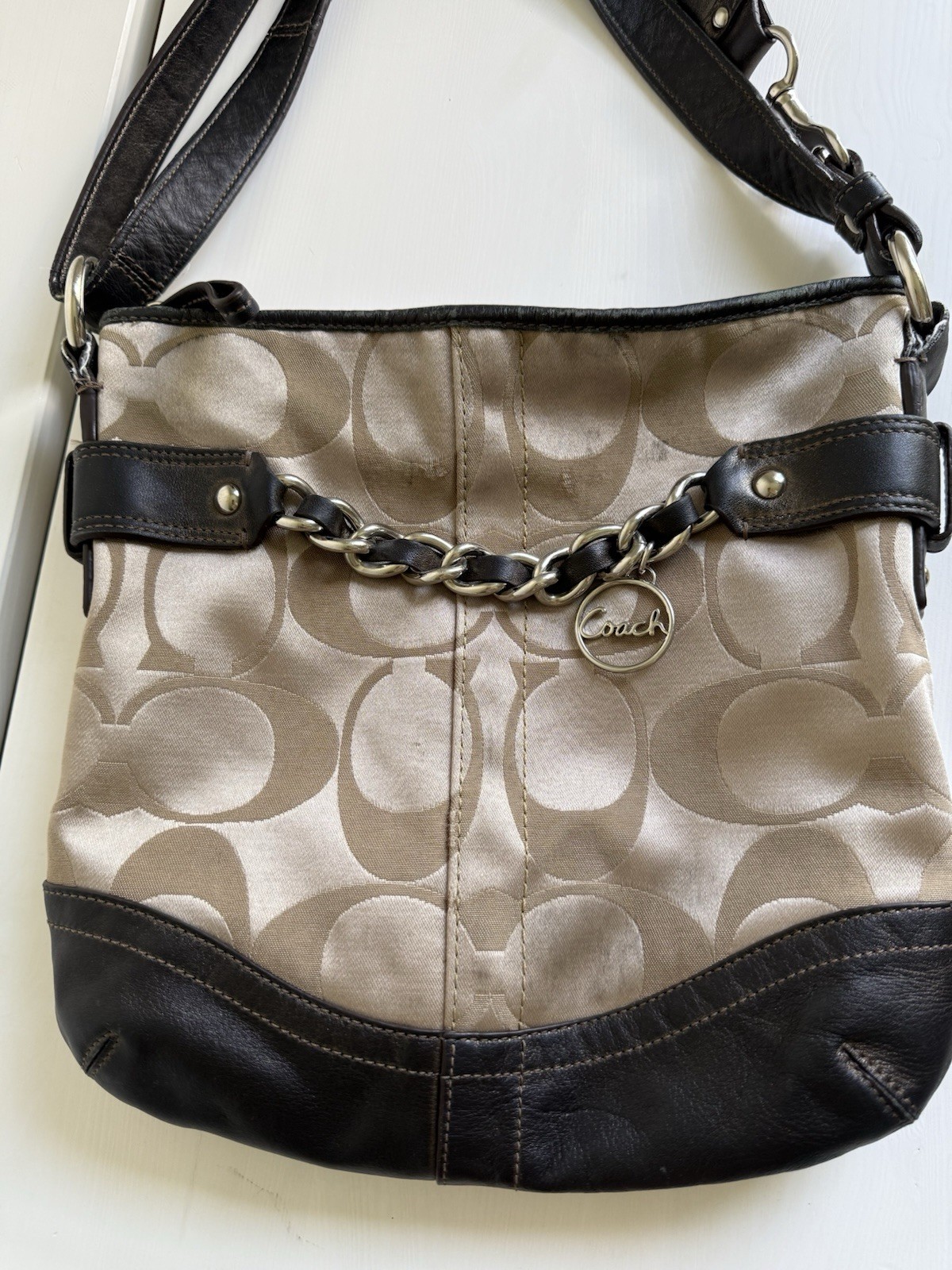 Coach Signature Canvas & Leather Shoulder Bag Brown Black Chain Detail