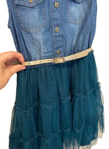 Knit Works Sleeveless Denim Dress Girl Size M 8/10 Green Tulle Gold Belt Western - Picture 4 of 7