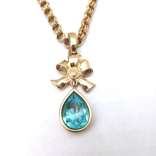 Givenchy Collana Vintage Logo Fiocco 4G Ciondolo Cristallo Blu Oro Grosso Firmato