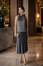 Lynn Lugo Women's Casual formal Halter Long Dress Silk Charcoal NWT Made In USA