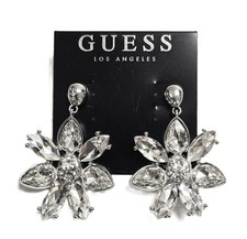 GUESS SILVER TONE LARGE DAISY FLOWER OVAL SHAPE CRYSTALS DROP DANGLE EARRINGS