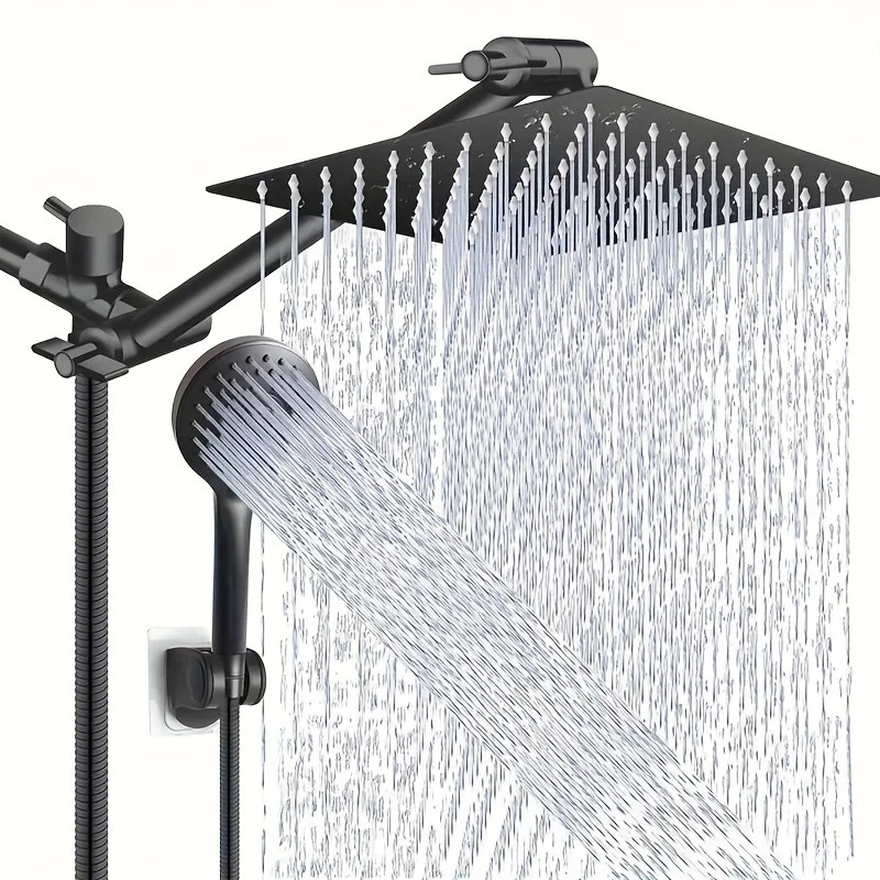 Black 8-Inch High-Pressure Rain Shower Head with Adjustable Arm and Handheld Spray Combo