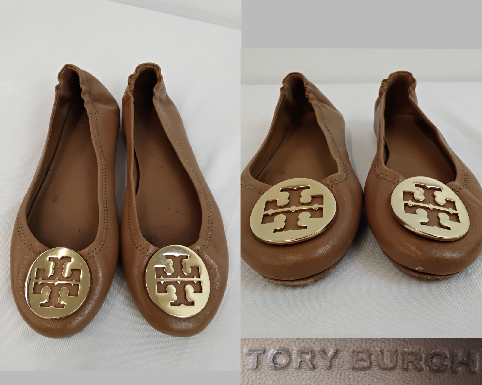 Tory Burch Reva Ballet Flats Women's 7 Brown Leather w/ Gold Elastic Back #Z5060