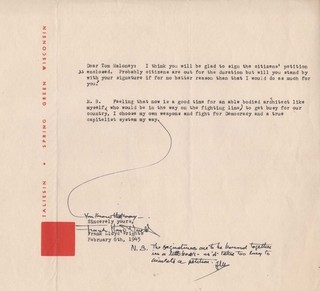 1943 Frank Lloyd Wright famed architect political letter Capitalism signed