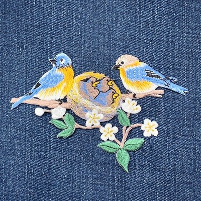 Bluebird Nest & Chicks Applique Patch - Embroidered Blue Baby Bird Badge 4-7/8''