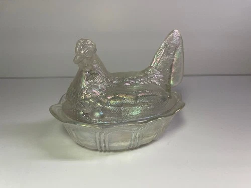 Fenton Art Glass Iridescent Clear Hen, Chicken on Nest / Basket