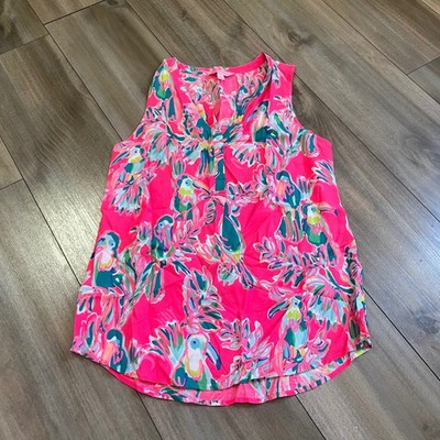 Lilly Pulitzer Elsa Sleeveless Top Pink Toucan Tropical Print Small Bin K-39