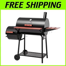 Black Offset Smoker & Charcoal Grill Combo with Storage Shelf and Warming Rack