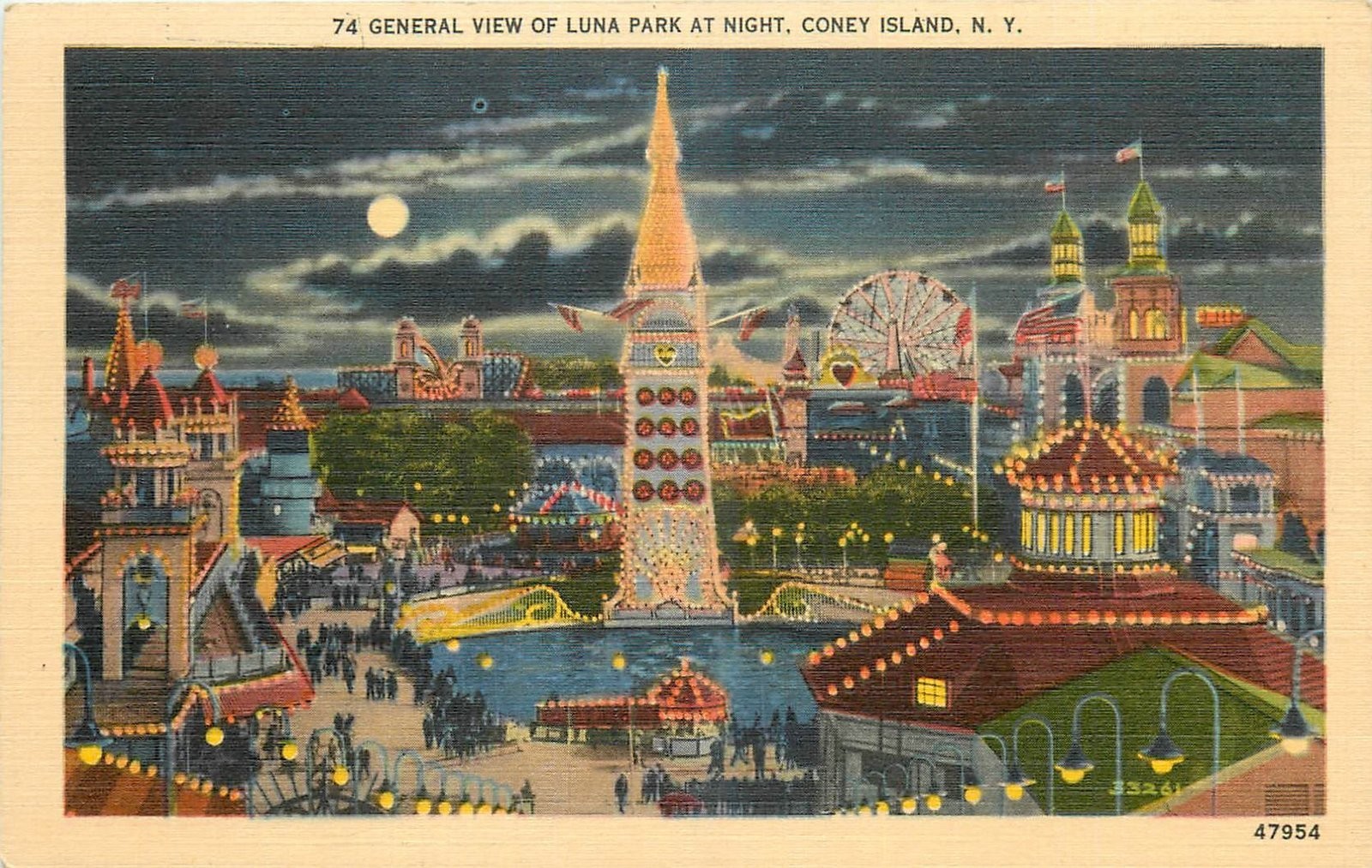 1940s Coney Island New York Luna Park at Night Manhattan people Postcard 25-1114