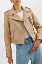 Beige Leather Jacket Women Biker Moto Pure Lambskin Size S M L XL XXL Custom Fit
