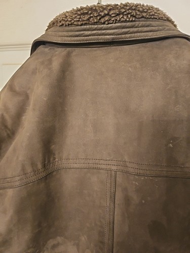 VINTAGE! Men's Perry Ellis Leather Coat/sherpa Collar/ XL/ Deep Olive Green - Picture 14 of 24