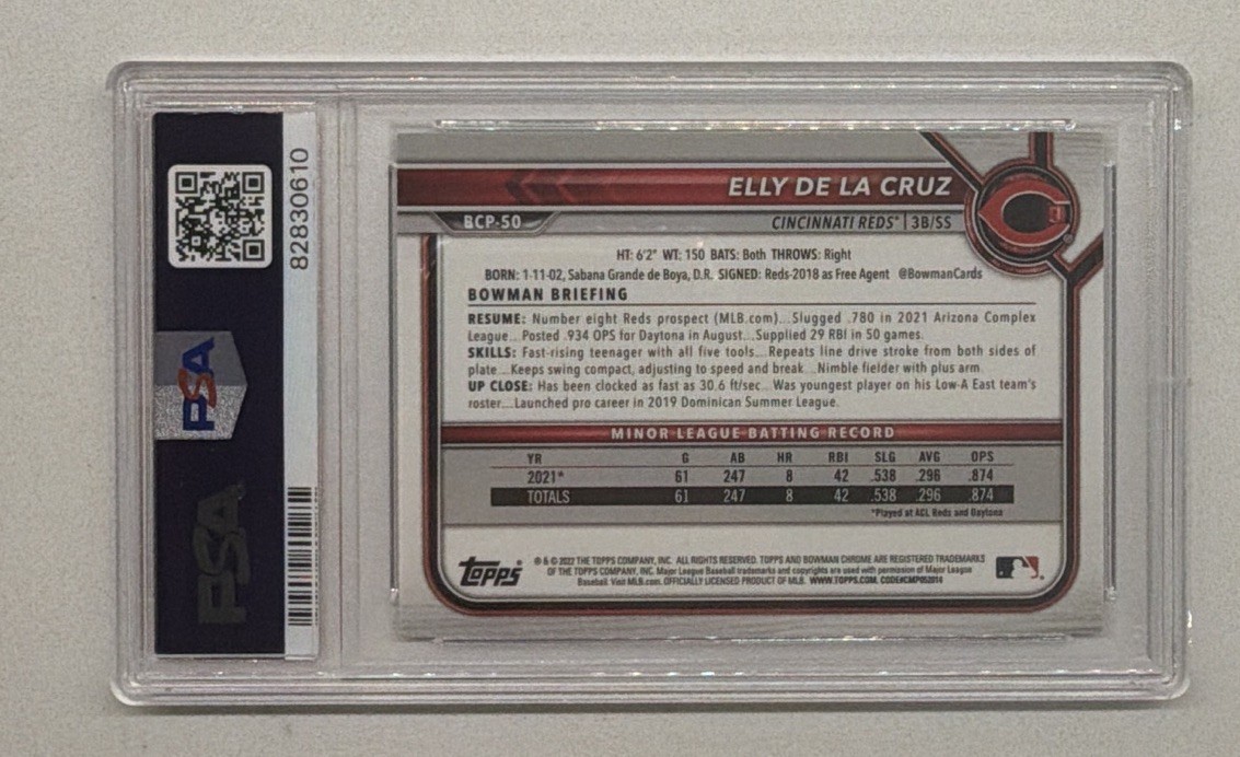 2022 Bowman Chrome Elly De La Cruz RC Mojo Refractor Reds #BCP-50 PSA 10 rookie view 2