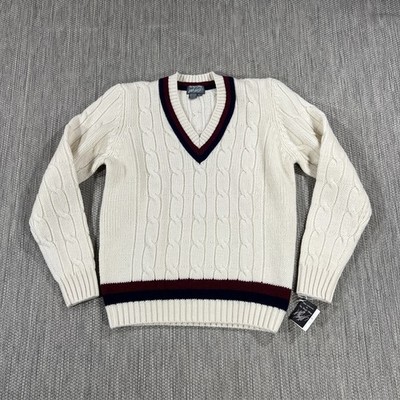 Lord & Taylor Sweater Men s L Cricket Cream VTG Chunky Cable Knit Tennis V Neck
