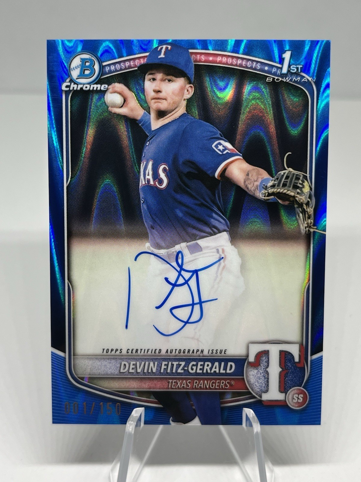 2025 Bowman Chrome Devin Fitz-Gerald Blue RayWave Auto 001/150 Rangers 1st Card