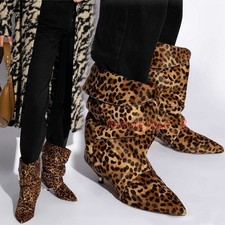 Western Pointed Toe Women Slouch Pleated Mid Calf Boots Mid Kitten Heel Stiletto