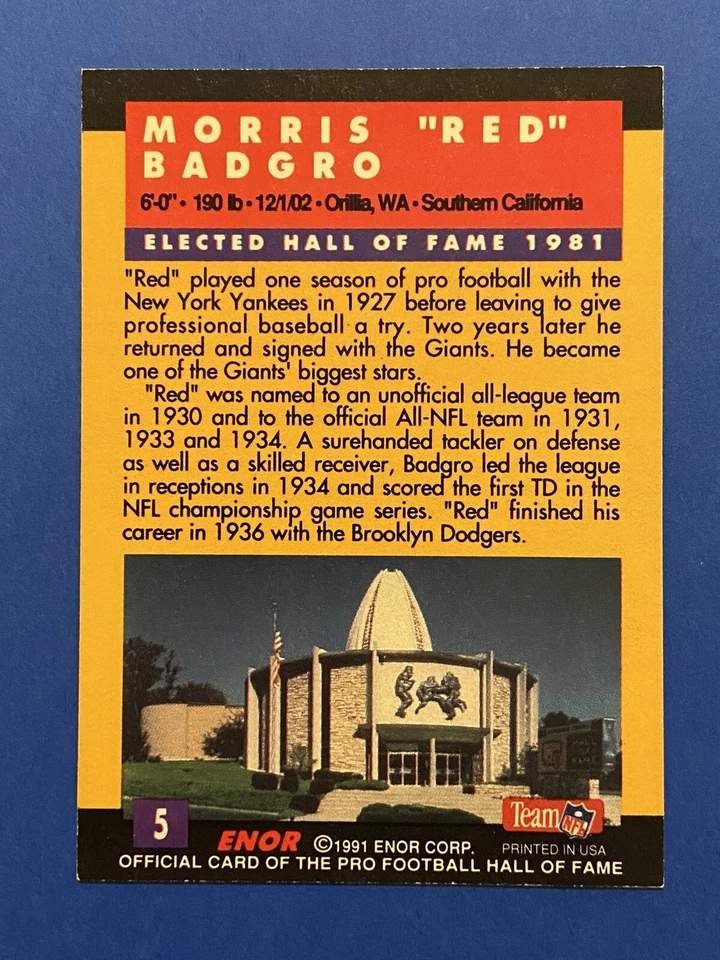 MORRIS “RED” BADGRO (Dec) HOF Signed 1991 Enor #5 NY Giants USC Autograph Auto - Image 2 of 2