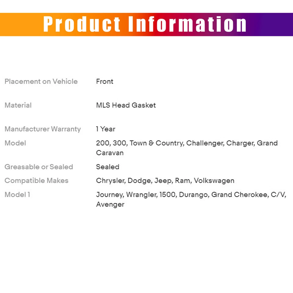 Full Gasket Set HS26541PT For 11-16 Dodge Avenger Ram Chrysler 200 300 Jeep V6 - Image 2 of 4