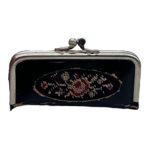 Tapestry Floral Compact Purse Size Manicure Set Black Leather Austria