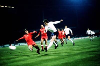 Mike Channon Fires A Shot Past Polands Miroslaw Bulzacki 1973 Old Football Photo