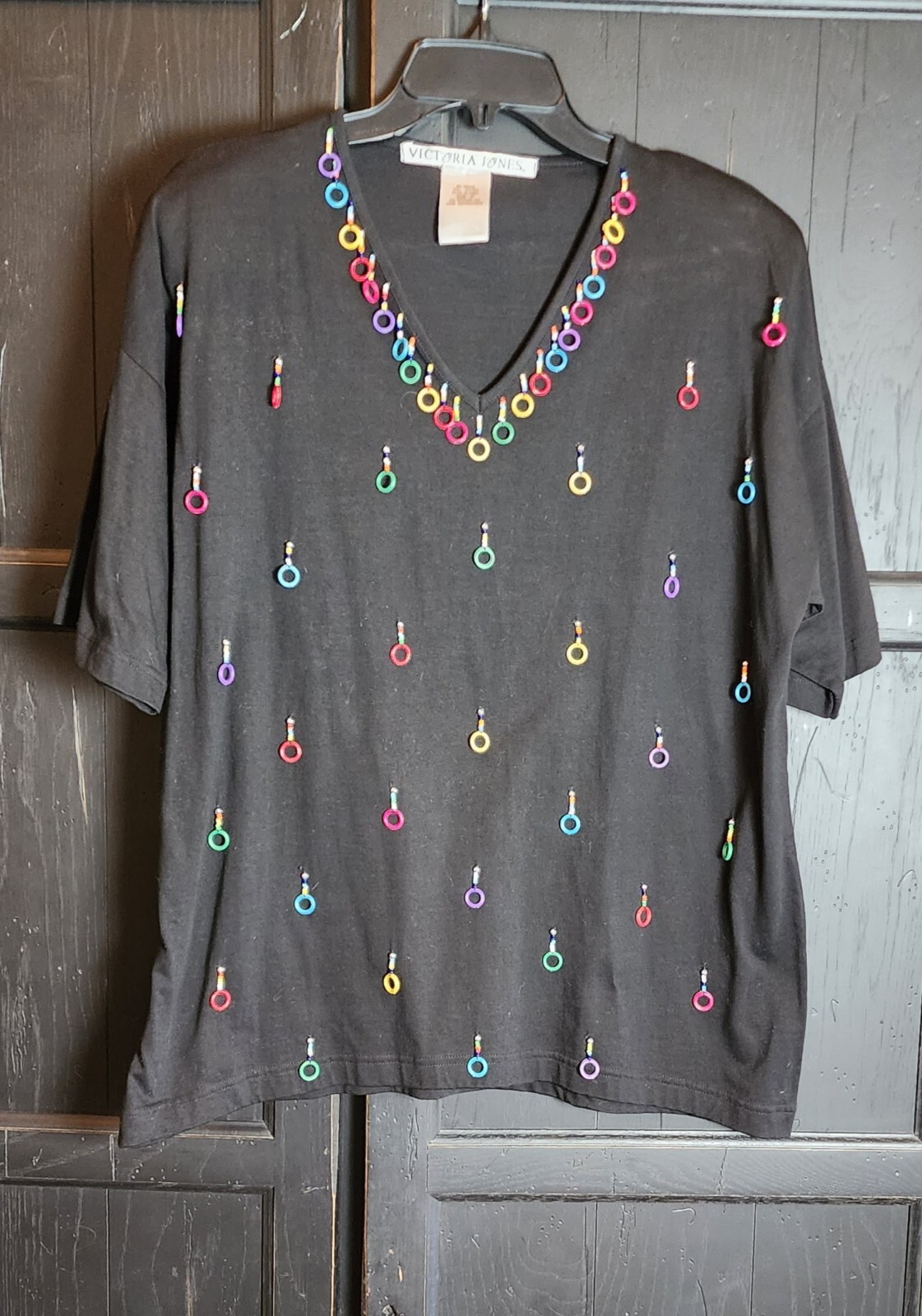 Victoria Jones Black Knit Top with Colorful Beads & Rings Womens Size M Preowned