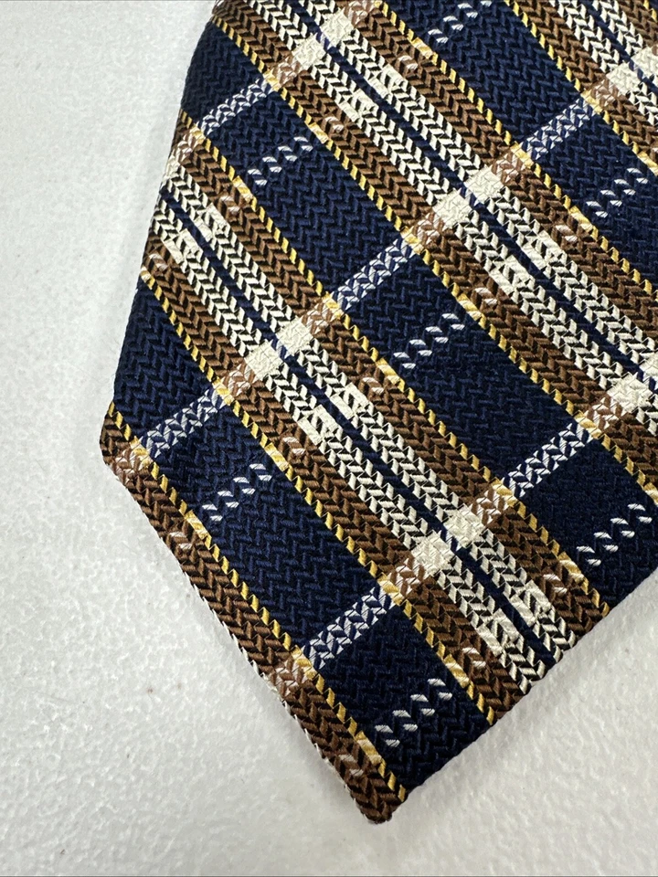 Black Brown 1826 Men's Navy Blue Dark Brown Plaid Pattern Silk Tie $138 - Image 3 of 4