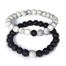 Couple Distance Relationship Healing Natural Beads  Bracelet Hawlite and Lava 