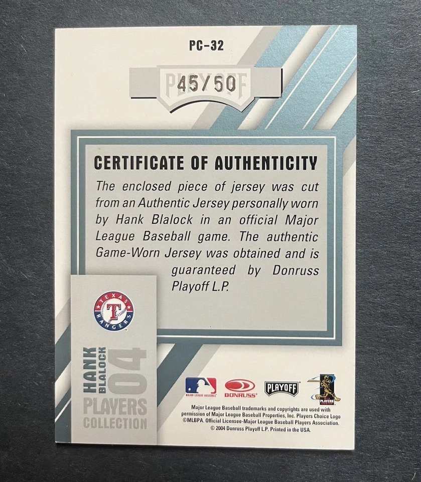 2004 Donruss Studio Players Collection Relics /50 Hank Blalock #PC-32 Patch - Image 2 of 2