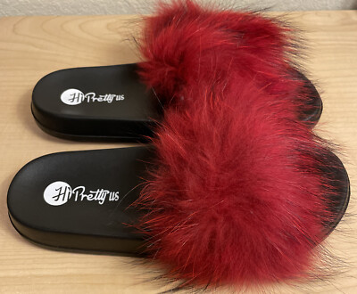 Hipretty Women'S Real Fox Fur Slides, Open Toe Cute Fur Slippers