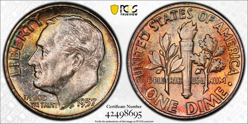 1957 ROOSEVELT SILVER DIME PCGS MS67 DETAILED COLOR TONED COIN