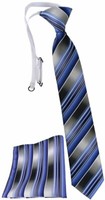 Tigertie Kinderkrawatte + Einstecktuch In Blau Silber Anthrazit Grau Gestreift