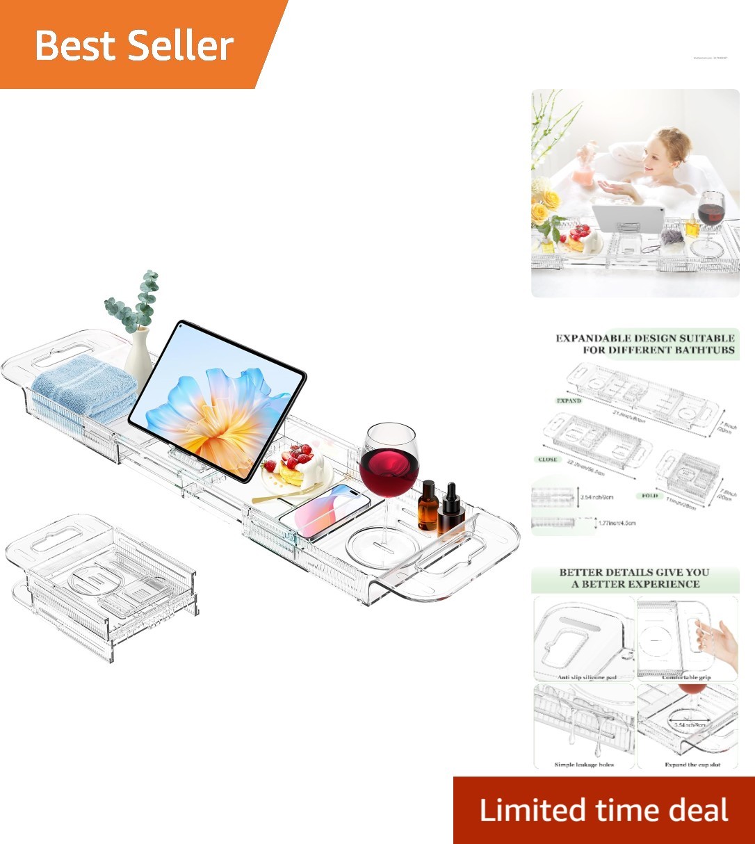 Deluxe Collapsible Bath Tray - Perfect for Wine, Books, and Home Spa Essentials