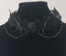 Gothic Victorian Black Lace Antique Brass Tone Black Bead Choker Necklace 15 Inc