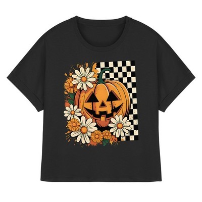 Retro Halloween Oversized Bio T-Shirt Damen, Herbst Kürbis Kopf Shirt Druckmotiv