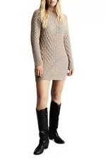 Frye Women’s Medium Patchwork Stitch Long Sleeve Mini Sweater Dress Taupe Size M