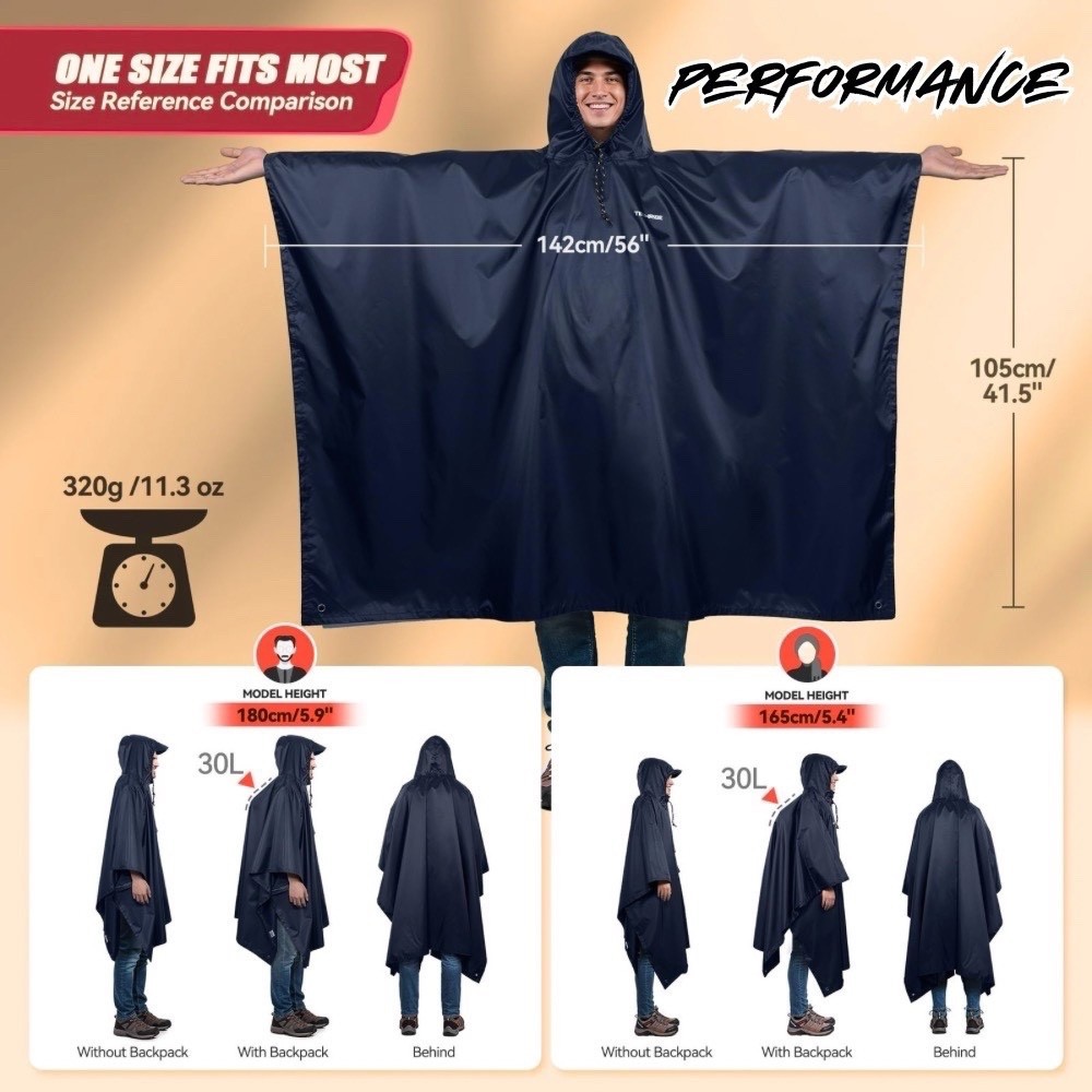 Giacca con cappuccio poncho antipioggia impermeabile oversize adulto escursionismo caccia foto 4