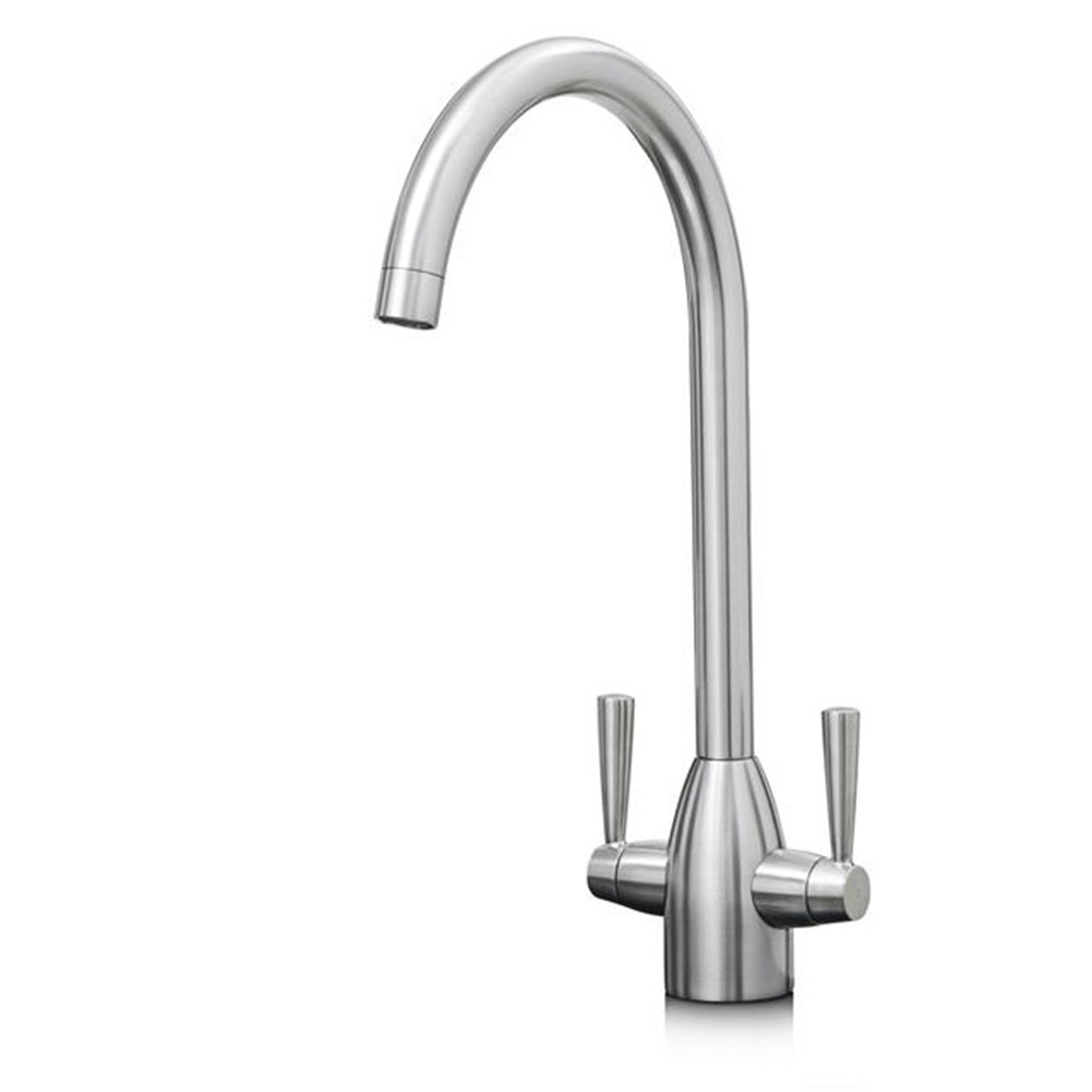 Liquida W05BN Brushed Nickel Swan Neck Twin Lever Kitchen Tap