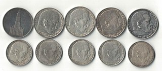 GERMANY LOT OF 10 SILVER COINS 2 & 5 REICHSMARK 1935 1939 DEUTSCHLAND