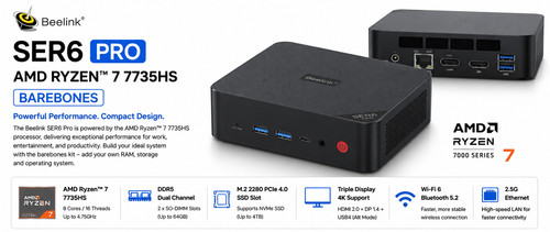 NEW Beelink SER6 Pro Mini PC AMD Ryzen 7 7735HS WiFi 6 BAREBONES - NO