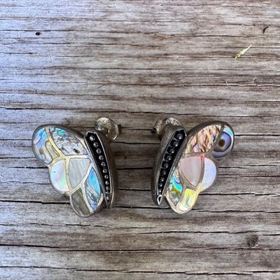 SX 925 Thai Sterling Silver Abalone MOP Butterfly Stud Earrings 8.63g Vintage