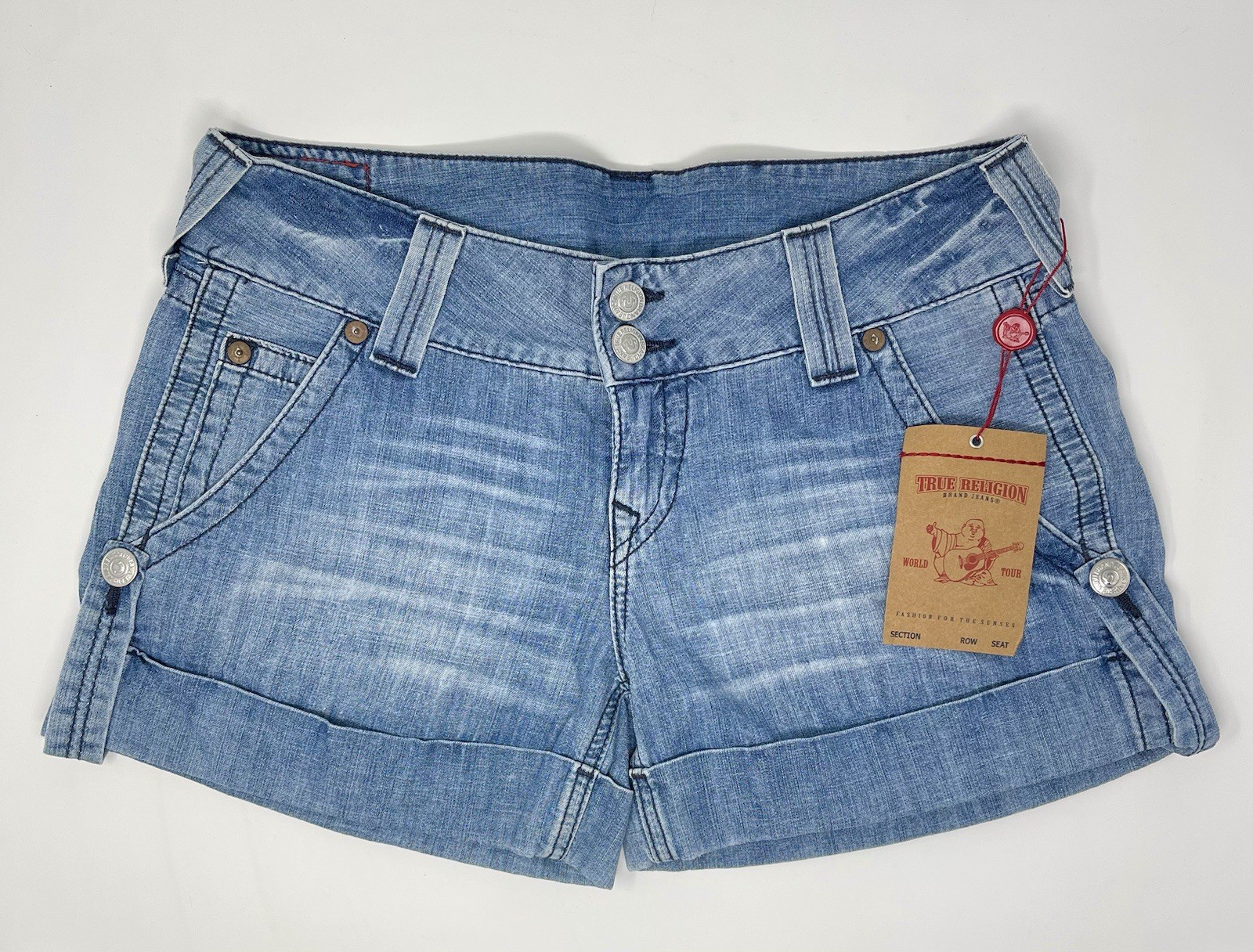 True Religion Sammy Short Women’s 32 Medium Wash Denim Vintage Shorts Wide Cuff