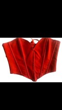 Red Satin Overbust Corset Lace Up Boned Solid Polyester Spandex Women's Size L