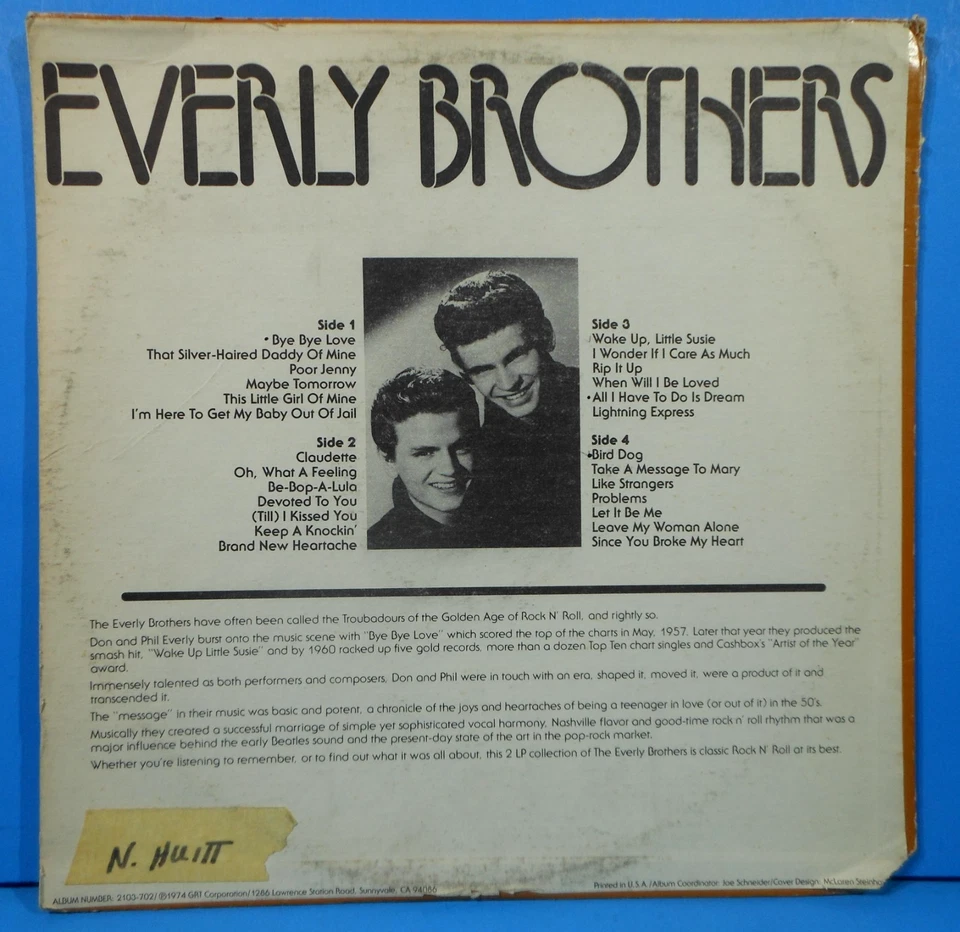 THE EVERLY BROTHERS SELF 2X LP 1974 ORIGINAL PRESS GREAT CONDITION! VG++/VG!! - Image 2 of 4