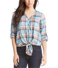 Karen Kane Womens Tied-Front Button Down Blouse, Blue, X-Small