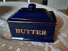 Vintage Premier Housewares Deep Blue and Gold Butter Dish
