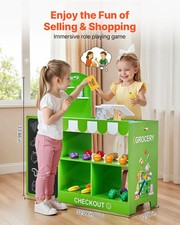 Kids Grocery Store Playset, Wooden Play Market Stand with Shopping Bag, Kids Sup
