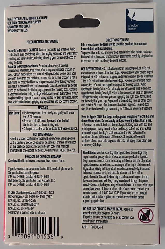 Средство от блох и клещей Sergeants Bansect ® Squeeze-On для маленьких собак 7-33 фунта - Изображение 2 из 2