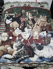 Vintage Holiday Cat Tapestry Throw Blanket Wo...