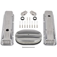 Polished Alum Finned Short Valve Cover 12 Air Cleaner For Chevy Sbc 350 58-86